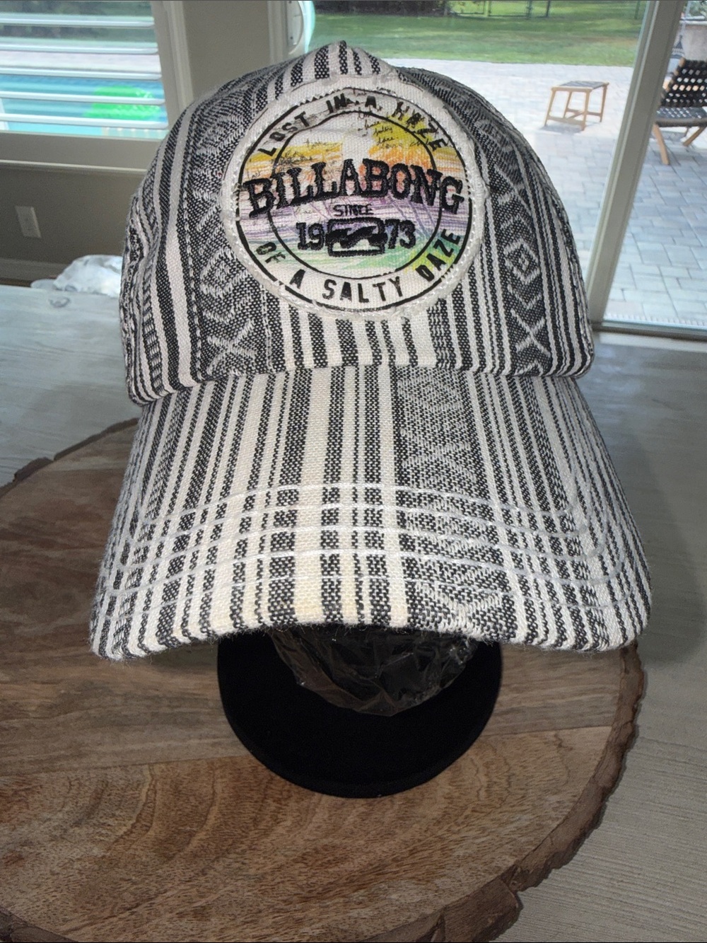 Billabong Striped Black & White Patch Trucker Hat with Rainbow Logo